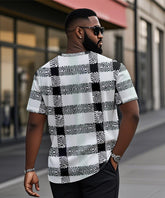 Men's Plus Size Black And White Check Print Henry Collar Button Short Sleeve T-shirt
